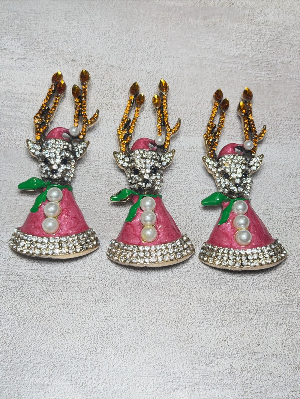 Holiday Reindeer Brooches Set of 3 Rhinestone Craft Upcycle Jewelry Lot